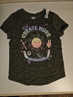 SO Olive Green Tee with Pastel Sun 'Create More' Graphic - Girls Size L / 10/12